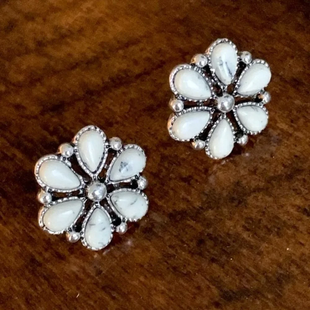 Western White Buffalo Style Blossom Earrings, Silver Tone Stone Studs